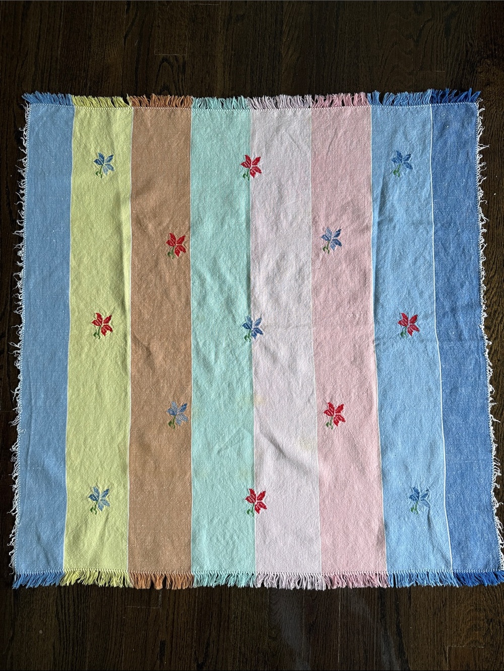 Vintage Embroidered Floral Striped Tablecloth